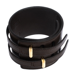 Pre Owned Hermes Brown Leather Gold Plated Wide Cuff Adjustable Bracelet