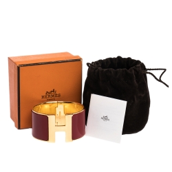 Pre Owned Hermes Clic H Red Enamel Gold Plated Extra Wide Bracelet