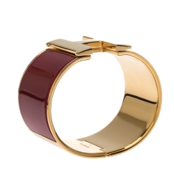 Pre Owned Hermes Clic H Red Enamel Gold Plated Extra Wide Bracelet