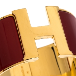 Pre Owned Hermes Clic H Red Enamel Gold Plated Extra Wide Bracelet