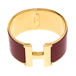 Pre Owned Hermes Clic H Red Enamel Gold Plated Extra Wide Bracelet