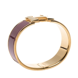 Pre Owned Hermes Clic Clac H Mauve Enamel Gold Plated Wide Bracelet GM