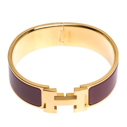 Pre Owned Hermes Clic Clac H Mauve Enamel Gold Plated Wide Bracelet GM