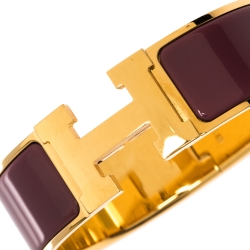 Pre Owned Hermes Clic Clac H Mauve Enamel Gold Plated Wide Bracelet GM
