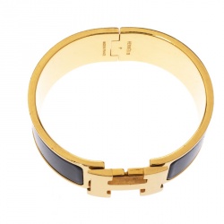 Pre Owned Hermes Clic Clac H Black Enamel Gold Plated Wide Bracelet PM