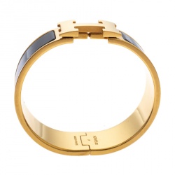Pre Owned Hermes Clic Clac H Black Enamel Gold Plated Wide Bracelet PM