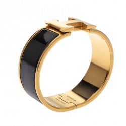 Pre Owned Hermes Clic Clac H Black Enamel Gold Plated Wide Bracelet PM