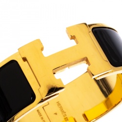 Pre Owned Hermes Clic Clac H Black Enamel Gold Plated Wide Bracelet PM