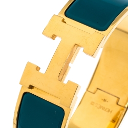 Pre Owned Hermes Clic Clac H Blue Enamel Gold Plated Wide Bracelet GM