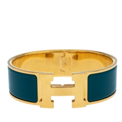 Pre Owned Hermes Clic Clac H Blue Enamel Gold Plated Wide Bracelet GM