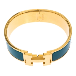 Pre Owned Hermes Clic Clac H Blue Enamel Gold Plated Wide Bracelet GM