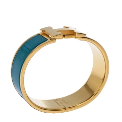 Pre Owned Hermes Clic Clac H Blue Enamel Gold Plated Wide Bracelet GM