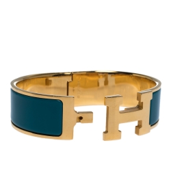 Pre Owned Hermes Clic Clac H Blue Enamel Gold Plated Wide Bracelet GM