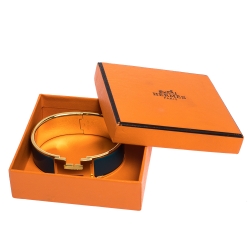 Pre Owned Hermes Clic Clac H Blue Enamel Gold Plated Wide Bracelet GM