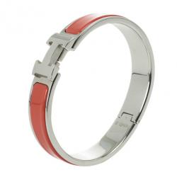 Pre Owned Hermes Clic H Orange Enamel Bracelet