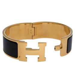 Pre Owned Hermes Clic Clac H Black Enamel Gold Plated Wide Bracelet PM