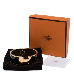 Pre Owned Hermes Clic Clac H Black Enamel Gold Plated Wide Bracelet PM