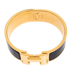 Pre Owned Hermes Clic Clac H Black Enamel Gold Plated Wide Bracelet PM