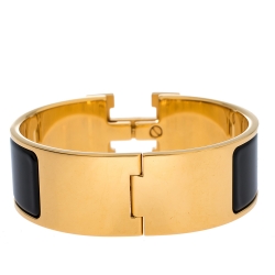 Pre Owned Hermes Clic Clac H Black Enamel Gold Plated Wide Bracelet PM