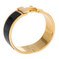Pre Owned Hermes Clic Clac H Black Enamel Gold Plated Wide Bracelet PM
