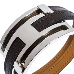 Pre Owned Hermes Pousse Pousse Brown Leather Palladium Plated Adjustable H Bracelet