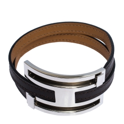 Pre Owned Hermes Pousse Pousse Brown Leather Palladium Plated Adjustable H Bracelet