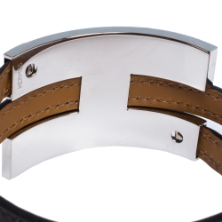 Pre Owned Hermes Pousse Pousse Brown Leather Palladium Plated Adjustable H Bracelet