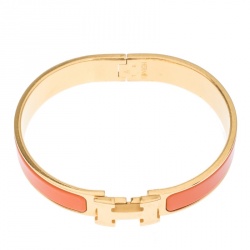 Pre Owned Hermes Clic H Orange Enamel Gold Plated Narrow Bracelet GM