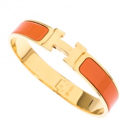 Pre Owned Hermes Clic H Orange Enamel Gold Plated Narrow Bracelet GM