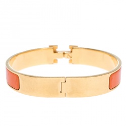 Pre Owned Hermes Clic H Orange Enamel Gold Plated Narrow Bracelet GM