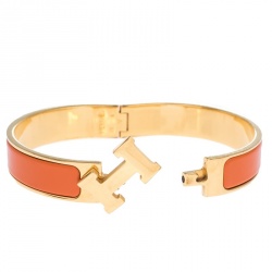 Pre Owned Hermes Clic H Orange Enamel Gold Plated Narrow Bracelet GM