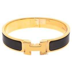 Pre Owned Hermes Clic H Black Enamel Gold Plated Narrow Bracelet PM