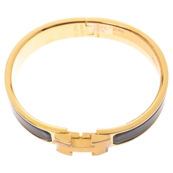 Pre Owned Hermes Clic H Black Enamel Gold Plated Narrow Bracelet PM