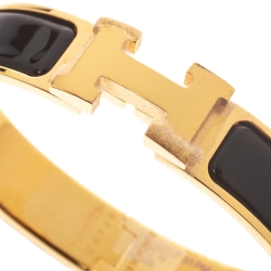 Pre Owned Hermes Clic H Black Enamel Gold Plated Narrow Bracelet PM
