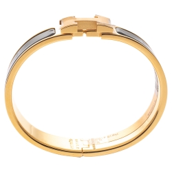 Pre Owned Hermes Clic H Black Enamel Gold Plated Narrow Bracelet PM
