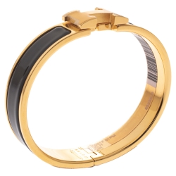 Pre Owned Hermes Clic H Black Enamel Gold Plated Narrow Bracelet PM