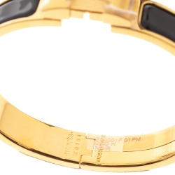 Pre Owned Hermes Clic H Black Enamel Gold Plated Narrow Bracelet PM
