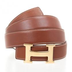 Pre Owned Hermes Brown Leather H Logo Constance Belt 97 CM
