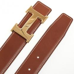 Pre Owned Hermes Brown Leather H Logo Constance Belt 97 CM