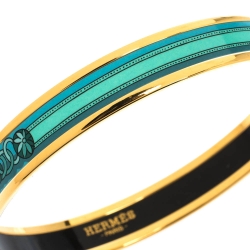 Pre Owned Hermes Turquoise Printed Enamel Gold Plated Narrow Bangle Bracelet