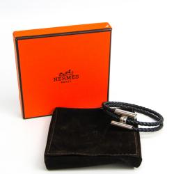 Pre Owned Hermes Turnis Braid Leather Black Silver Bracelet