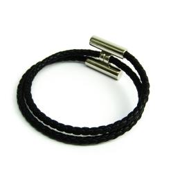 Pre Owned Hermes Turnis Braid Leather Black Silver Bracelet
