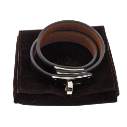 Pre Owned Hermes Kelly Black Leather Palladium Plated Double Tour Bracelet S