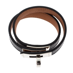 Pre Owned Hermes Kelly Black Leather Palladium Plated Double Tour Bracelet S