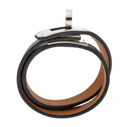 Pre Owned Hermes Kelly Black Leather Palladium Plated Double Tour Bracelet S