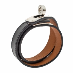 Pre Owned Hermes Kelly Black Leather Palladium Plated Double Tour Bracelet S
