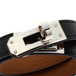 Pre Owned Hermes Kelly Black Leather Palladium Plated Double Tour Bracelet S