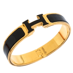 Pre Owned Hermes Clic H Black Enamel Gold Plated Narrow Bracelet PM