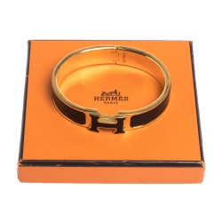 Pre Owned Hermes Clic H Black Enamel Gold Plated Narrow Bracelet PM