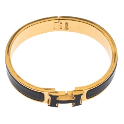 Pre Owned Hermes Clic H Black Enamel Gold Plated Narrow Bracelet PM